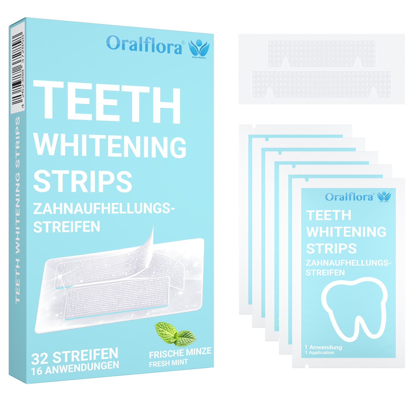 Oralflora fresh mint teeth whitening strips with 32 strips for 16 applications